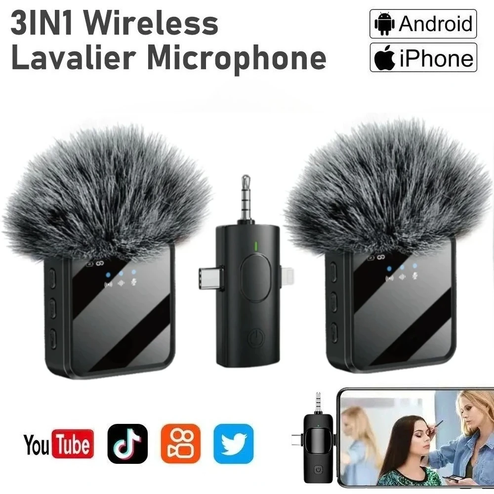 Micrófono Lavalier inalámbrico 3 en 1 para cámara, iPhone, Android, micrófono para grabación de vídeo, micrófono de reducción de ruido Podcast