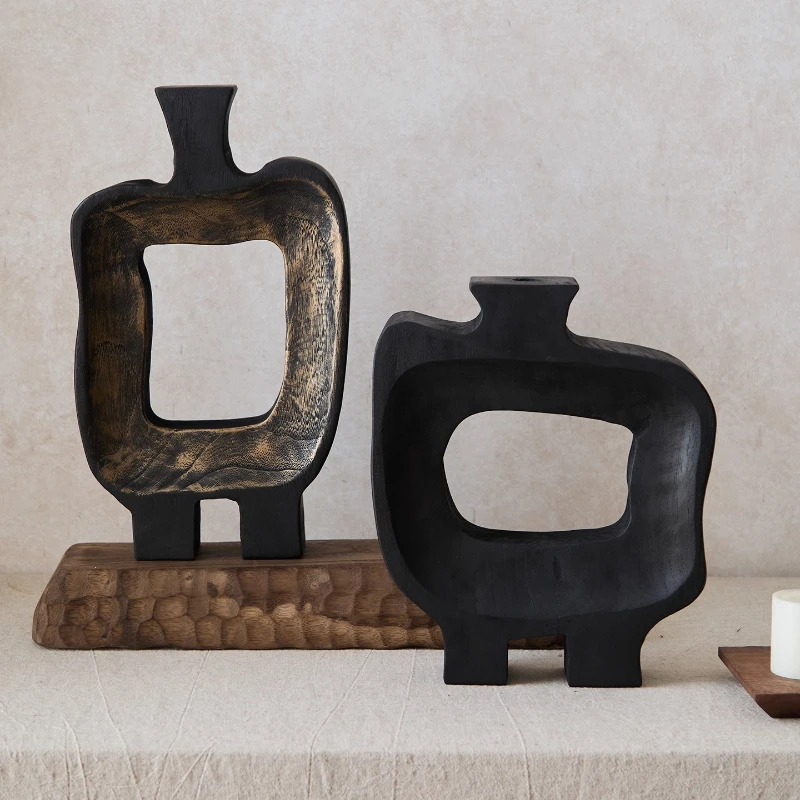 Wabi Sabi Black Flower Vase Solid Wood Hotel Restaurant Decor Creative Flower Vessel Home Minimalist Artistic Display Ornaments