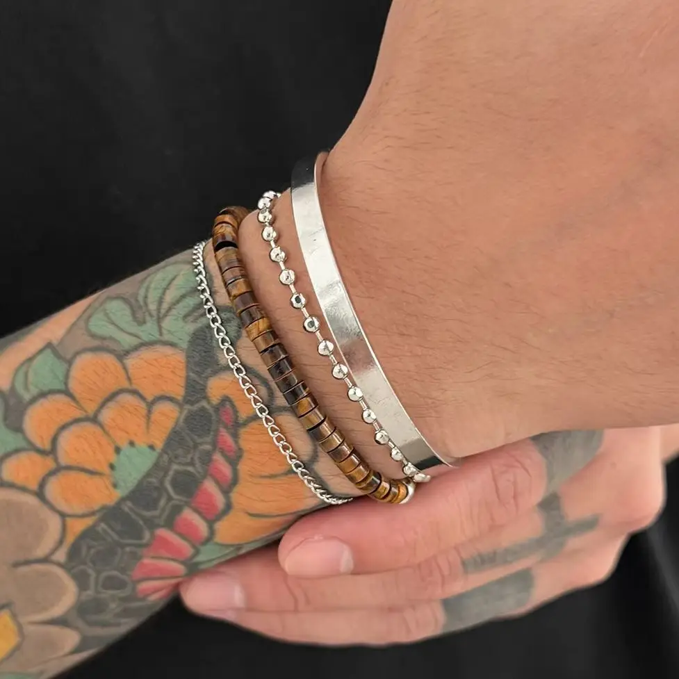 SHIXIN 4Pcs/set Vintage Handcrafted Natural Stone Bead Bracelet Women Men Exquisite Silver Color Chain Bangle Party Jewelry Gift