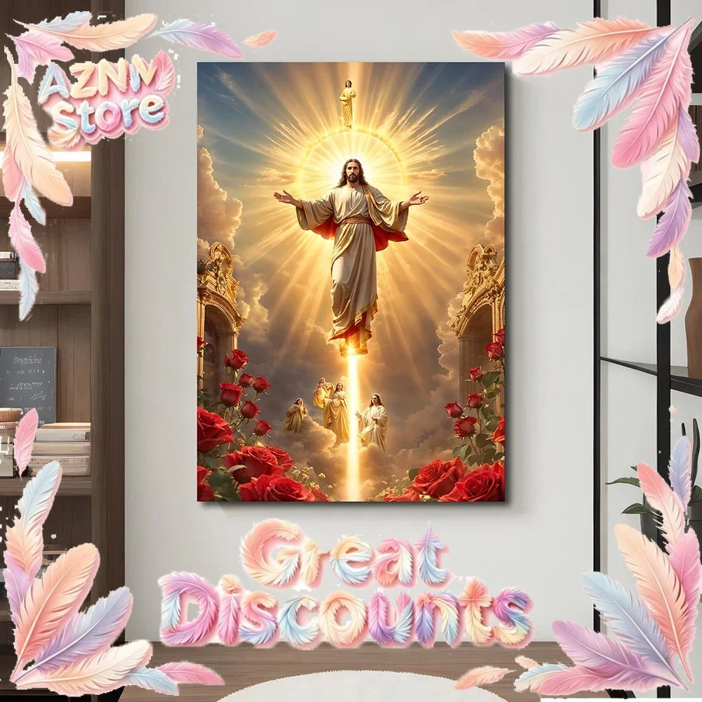 Ascension of Jesus Christ Canvas Print, Heavenly Light & Angels Religious Wall Art, Roses Theme Spiritual Decor, No Framed Ch