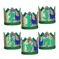 1pc Baby Boy 1st Dinosaur Birthday Hat 2 3 Years Old One Two Roar Party Crown Green Half Animal Headband