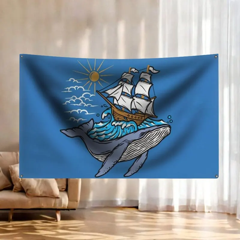 Whale Pirate Ship Nautical Tapestry Flag Banner Ocean Sea Decor Wall Art Hanging Gift for Beach Room
