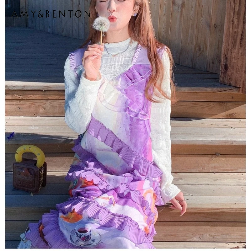 

2025 Summer New Purple Sweet Cute Elegant Women's Vest Dress French Lace Splicing Loose Fake Two-Piece Cake Long Dresses Ladies