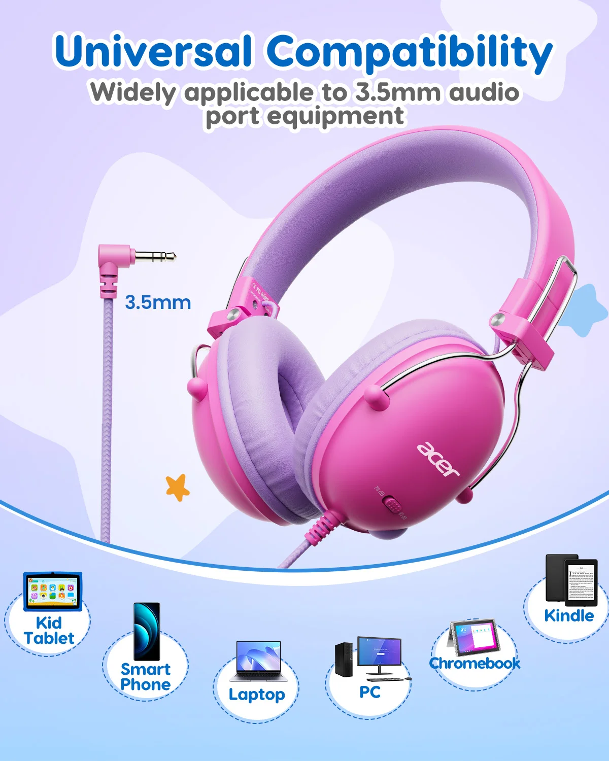 Acer Kids Headphones 74/85dB Safe Volume Kids Headphones with Cord Stereo Sound Wired On-Ear Headphones for School Boys Girls