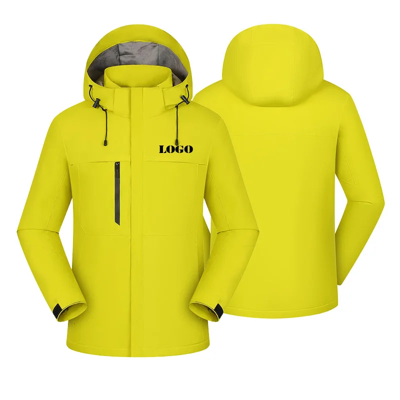 Logo gratuito personalizza giacca termica resistente - Cappotto foderato in pile con cappuccio staccabile, fodera in peluche a doppio tessuto 75D invernale all'aperto