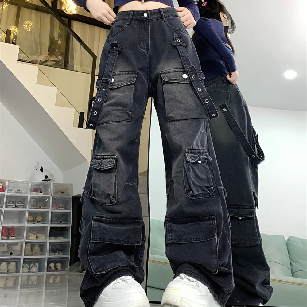 American Retro Multi Pocket Jeans Women High Waisted Loose Wide Leg Straight Leg Pants Vintag Personalized Street Black