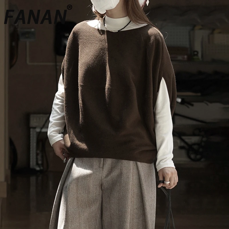 

FANAN Women's Elegant Wool Knitting Pullover Vest Round Neck Batwing Sleeve Casual Loose Tops Fashion Clothes 2025 Autumn New