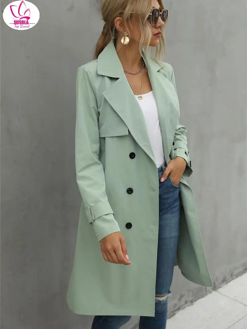 SUSOLA Trend Women Casual Solid Color Coat Adults Autumn Elagant Trend Long Sleeve Lapel NeckDouble Breasted Belted Trench Coat