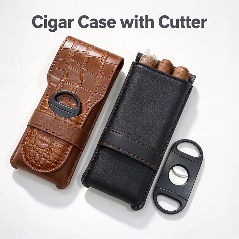 Crocodile Texture PU Cigar Case Holds 3 Cigars Portable Travel Cigar Holder with Built-in Cigar Cutter Slot Gift for Cigar Lover