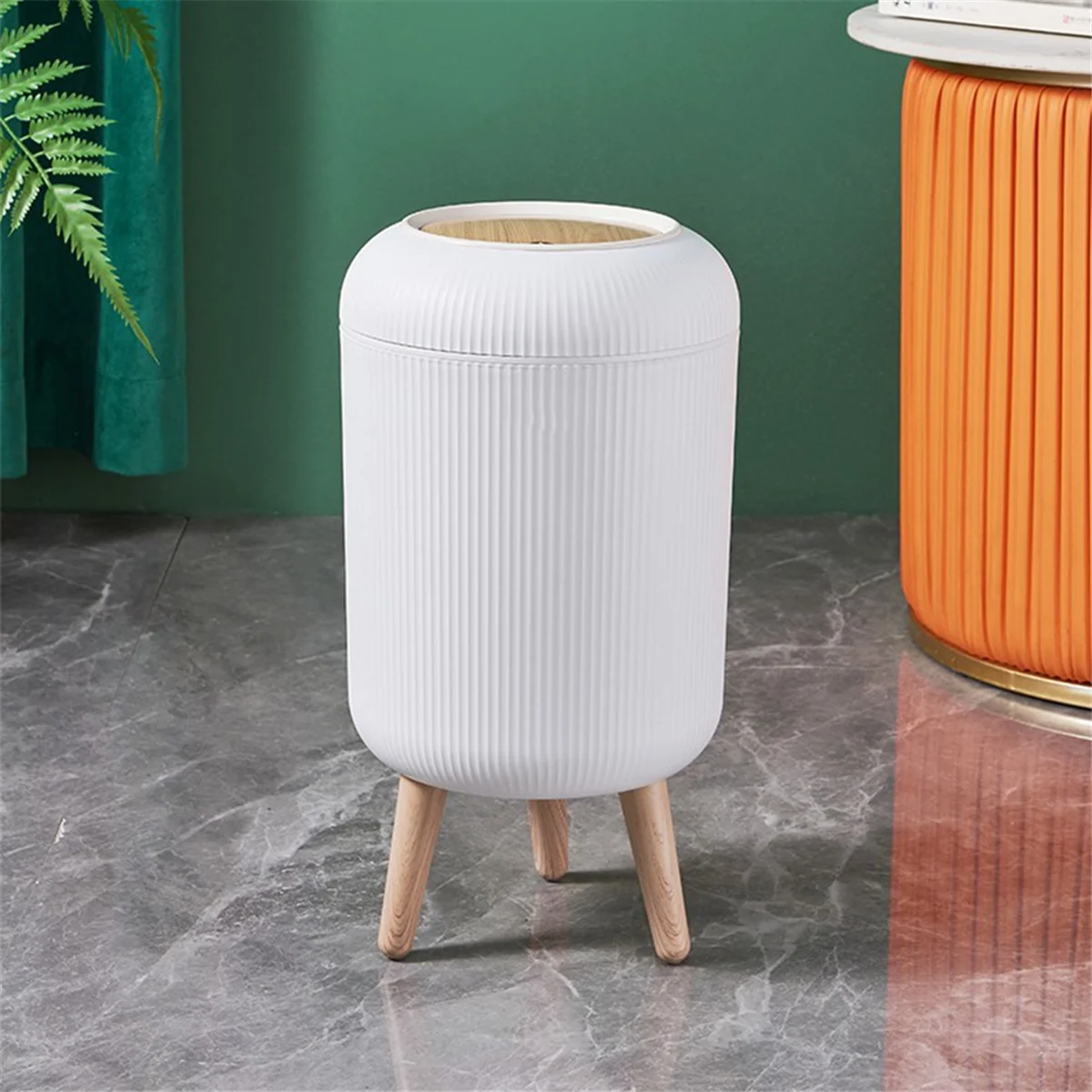 High-Legged Wood Grain Trash Can Plastic Dustbin Suitable for Kitchens, Bedrooms & Offices.