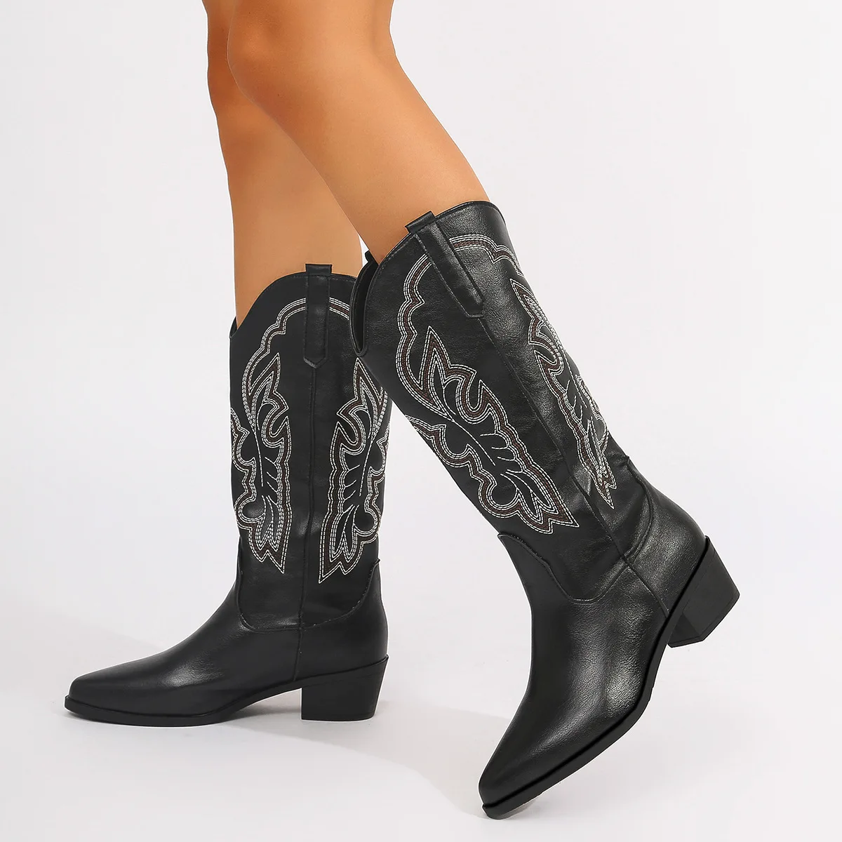 Plus Size 43 Block Heels Mid-calf for Women Autumn and Winter Embroidery Cowboy Boots Women Vintage Country Concert Western Boot
