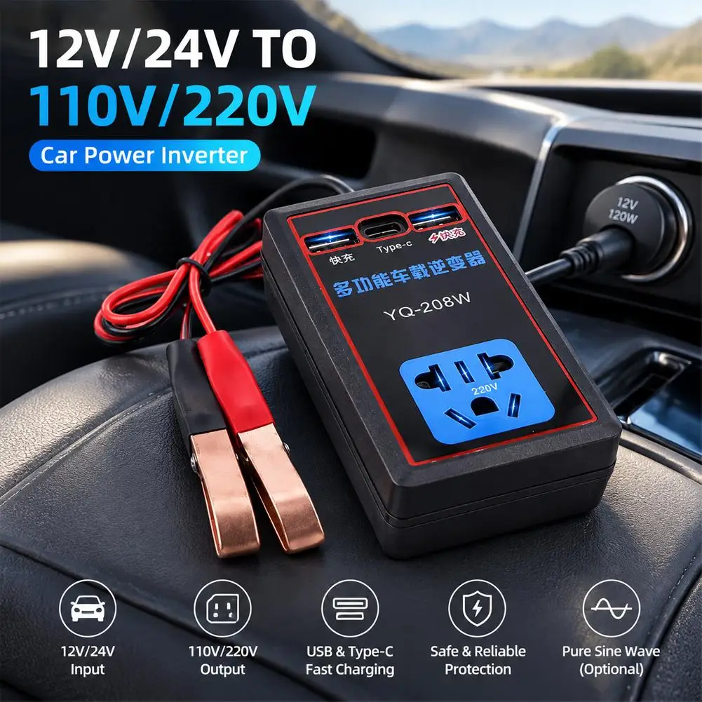12V/24V DC to AC Converter Car Power Inverter with AC Outlet Type-C and Dual USB Fast Charging Ports Silent Mobile Power Supply