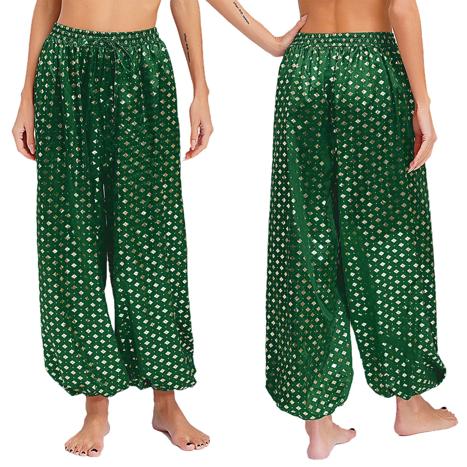 

Women Satin Belly Modern Dance Costume Glossy Loose Fit Long Bloomers Elastic Waistband Pants for Performance Cosplay Party