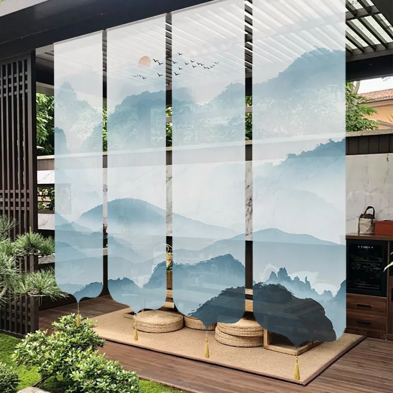 Chinese Ink Landscape Painting Tulle Curtain Wall Hanging Valance Chinese Zen Atmosphere Hanging Cloth Aesthetic Partition