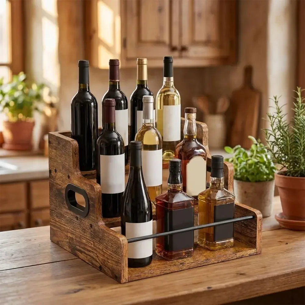 Wooden Liquor Bottle Display Shelf Rustic Heavy-Duty Kitchen Seasoning Stand Stable Retro Style Seasoning Storage Rack Kitchen