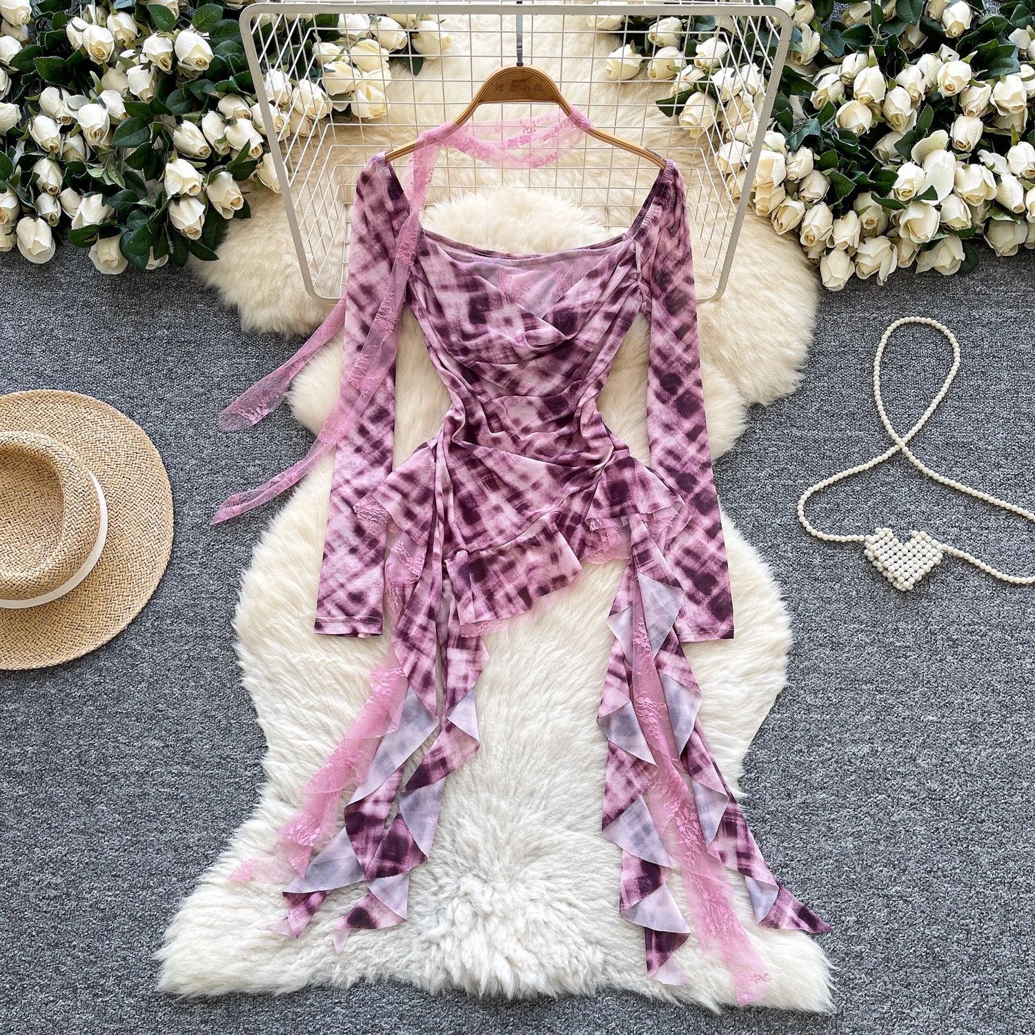 Vintage elegante asymmetrische tie-dye blouse met lange mouwen Fashion Shirt Chic Top herfst dameskleding