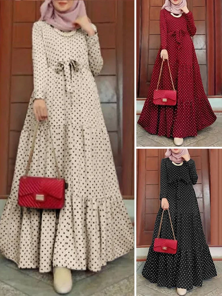 Morocco Muslim Dress Women Abaya Kaftans Polka Dot Evening Dresses for Woman Dubai Turkey Islam Long Dress Robe Femme Vestidos