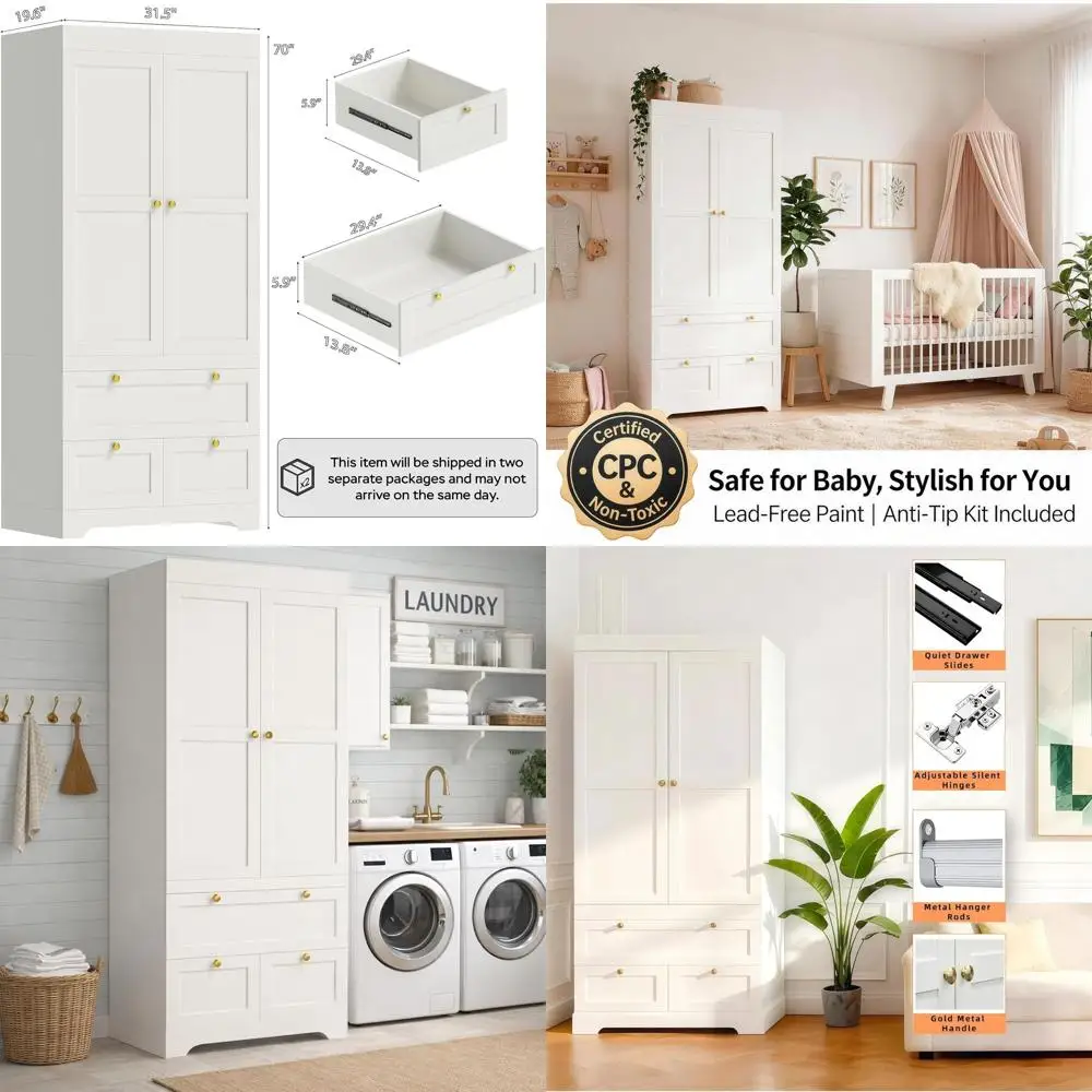 

Gold-Handled 71 White 3-Door Armoire, Certified for Nursery, Bedroom, and Guest Room Storage
