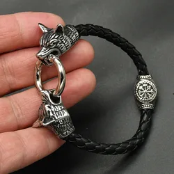 dropshipping 1pcs rune bead Wolf Head leather Bracelet Stainless Steel viking Bracelet bangle for Men jewelry