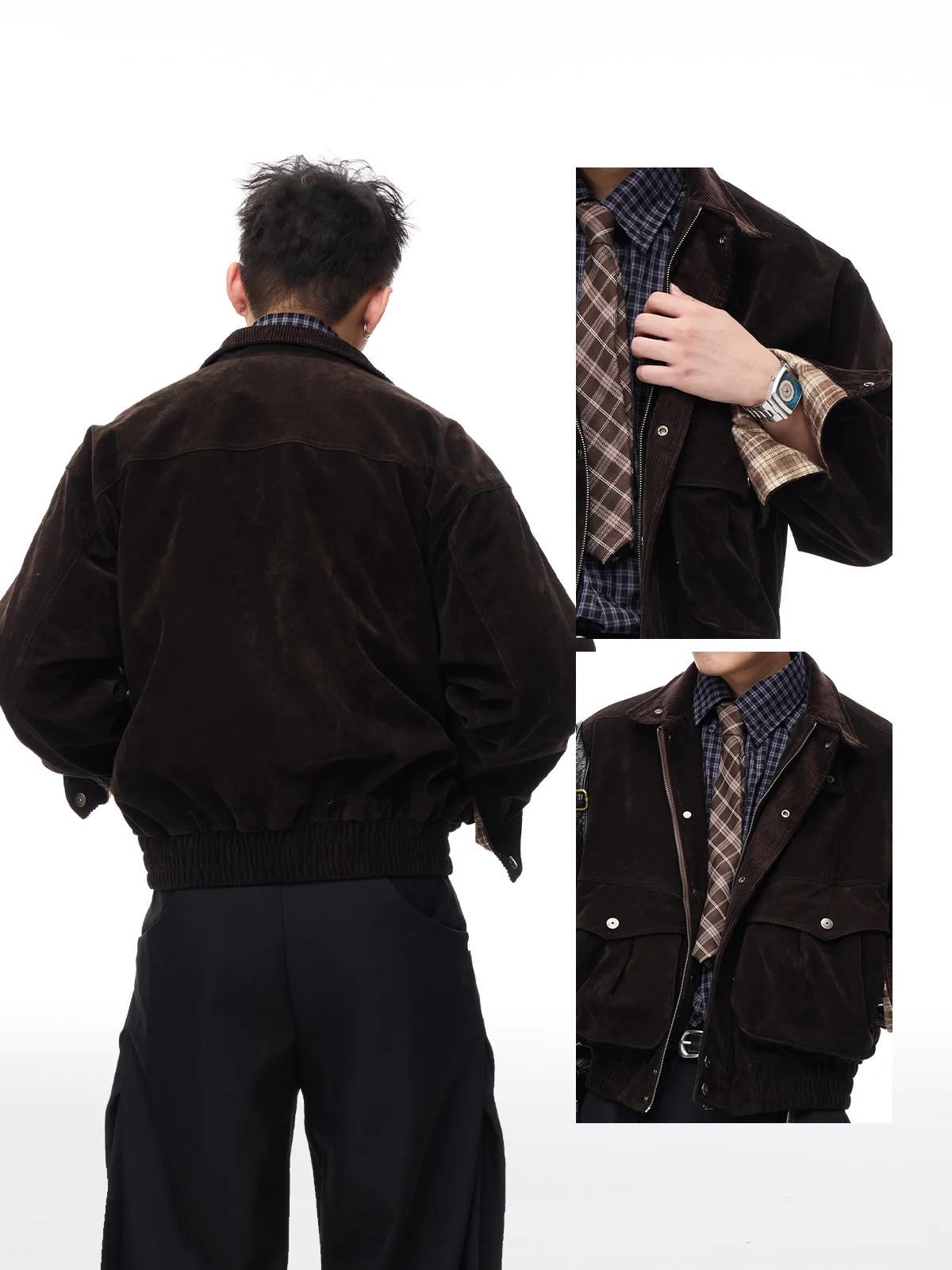 เสื้อแจ็คเก็ตหนังกลับสีน้ำตาลเข้มสไตล์อเมริกันย้อนยุคของ Botanica พร้อมเสื้อคลุมคลีนฟิตแบบกว้างสำหรับวัยรุ่นแฟชั่นลำลอง