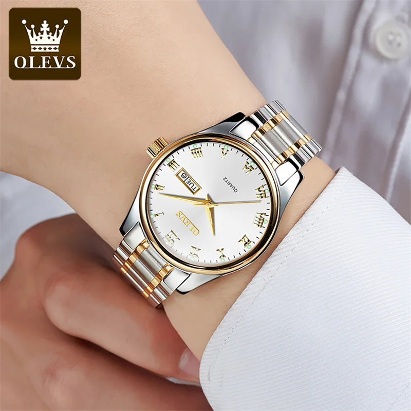 OLEVS Brand Fashion Quartz Watches for Men Stainless Steel Strap Waterproof Week Calendar Business Mens Watch Relogio Masculino