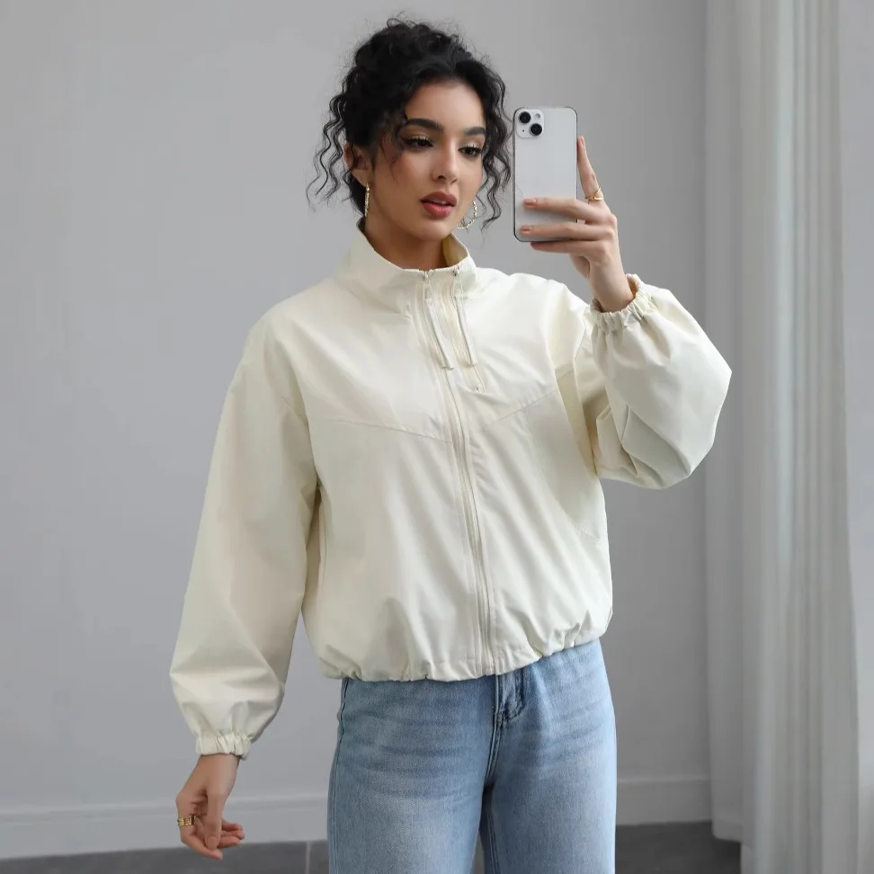 European American Autumn New Fashion Women's Solid Color Stand Collar Long Sleeve Simple Basic Casual Trendy Jackets Female Coat