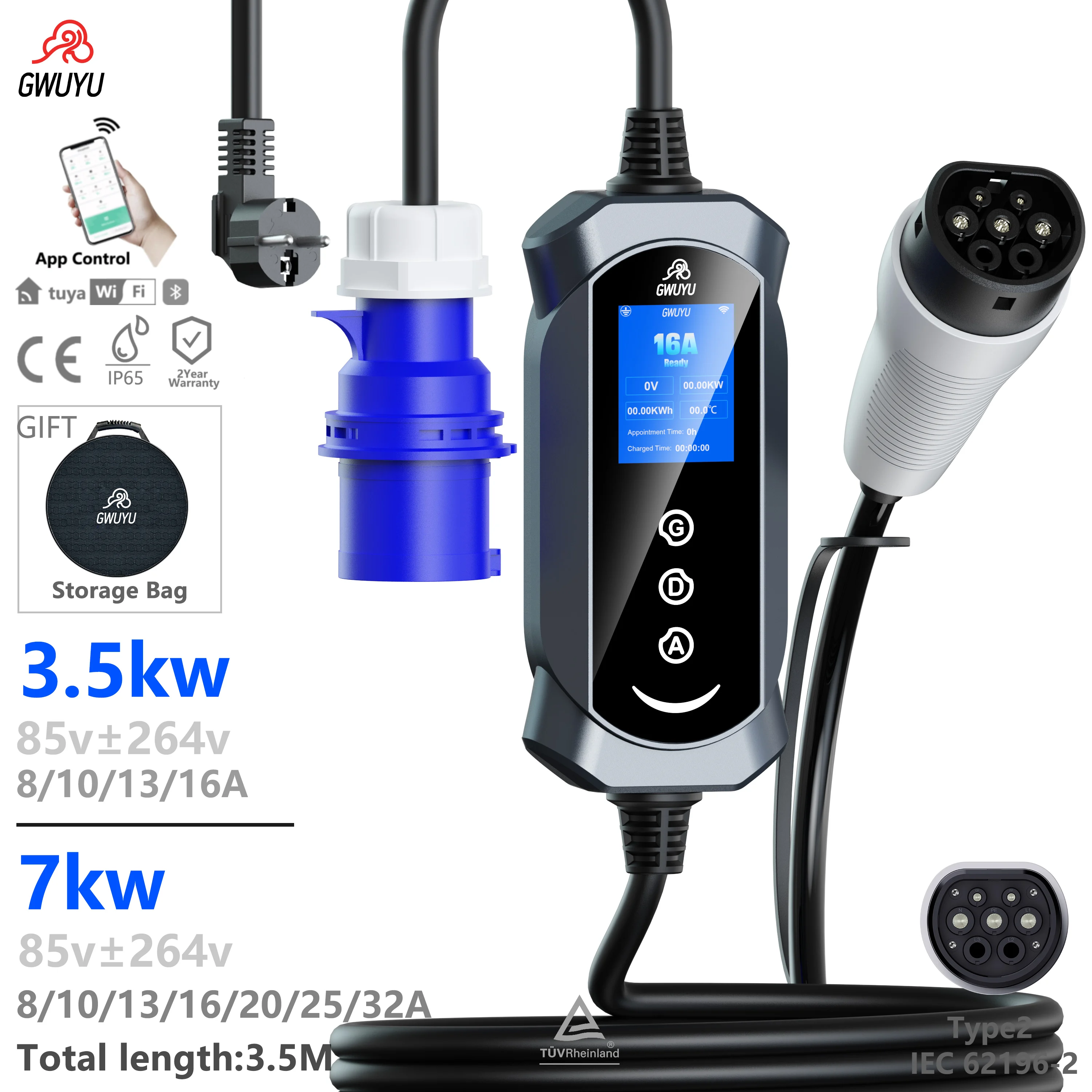 GWUYU Type2 Electric Car Charger 3.5KW/ 7KW Portable EV Charging Station Wallbox with WiFi APP Bluetooth Control for 85-264V