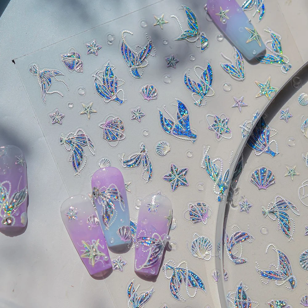 Summer Beach Mermaid Tail Conch Seahorse Jellyfish Starfish Small Fish Group 5D Self Adhesive Nail Art Sticker Manicure Decal