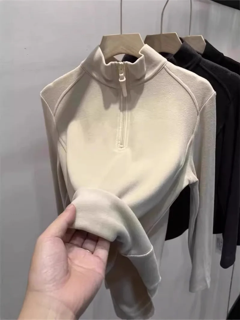 

Women's Autumn New Style Comfortable Fit Korean Casual Top Double-Sided Brushed Soft Long-Sleeve Zipper Stand Collar T-Shirt