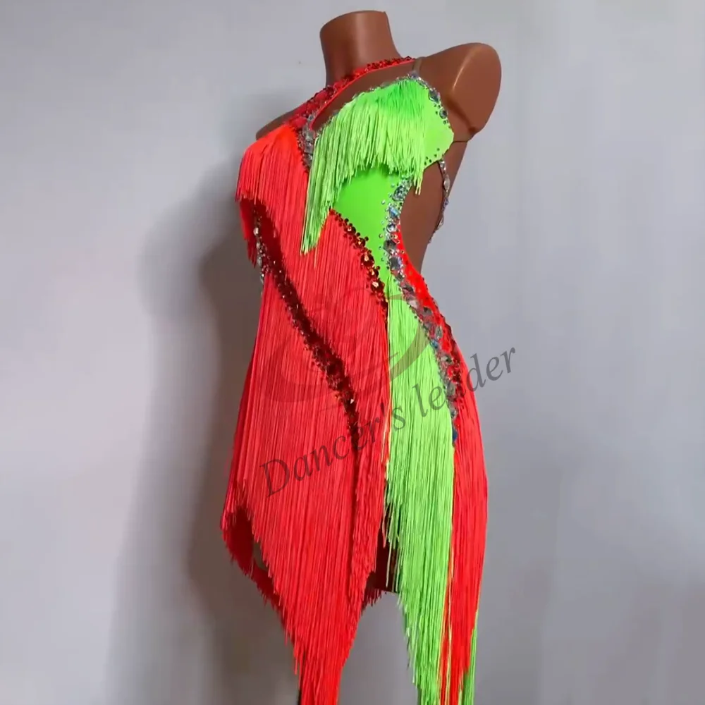 ラテンダンス競技女性の子供のハイエンドカスタム 2 色タッセルステッチルンバタンゴパフォーマンスブラックプールドレス