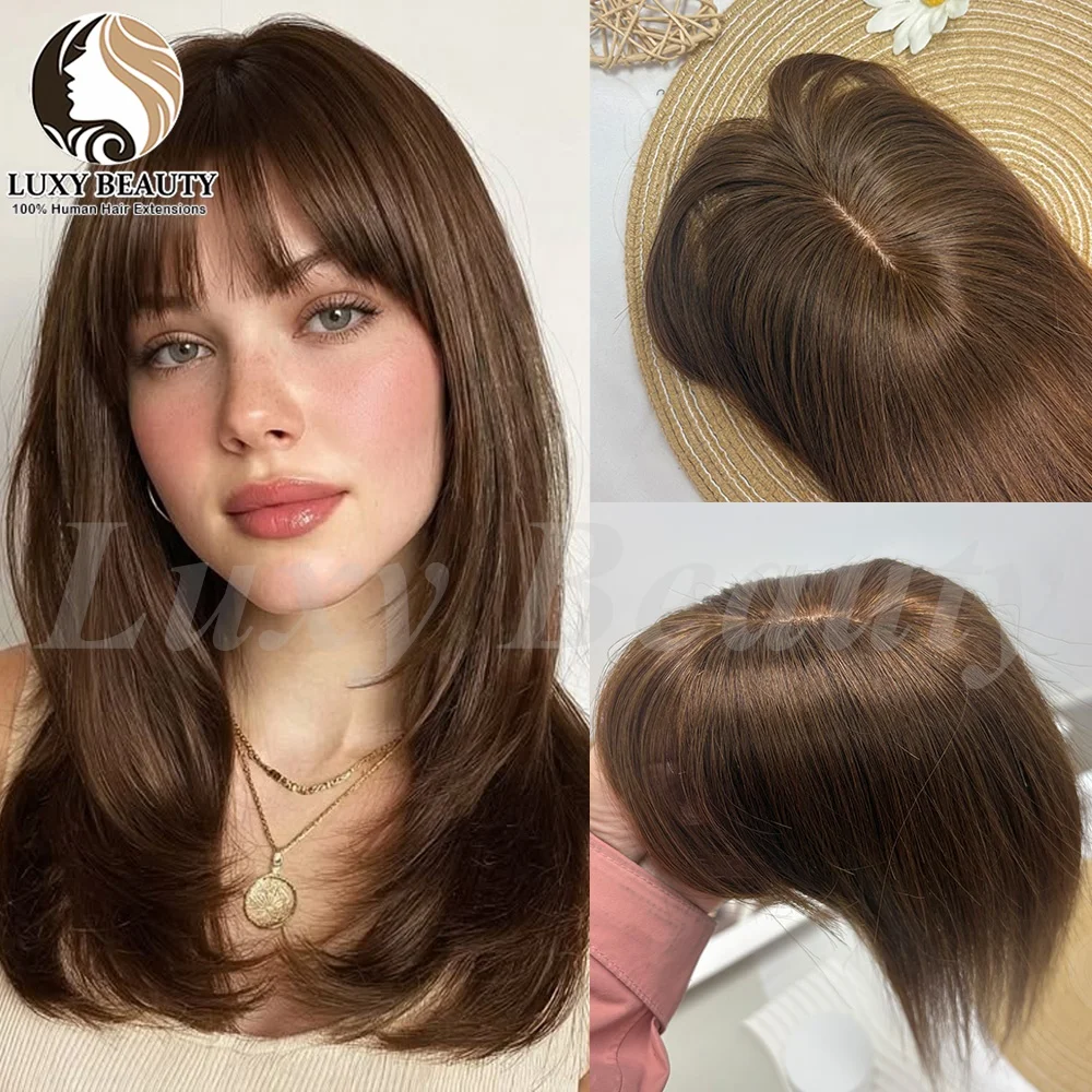 Light Brown Human Hair Topper With Bangs Women 8X12cm Black Highlights Blonde Skin Scalp Clip in Topper Hair Pieces Human Hair