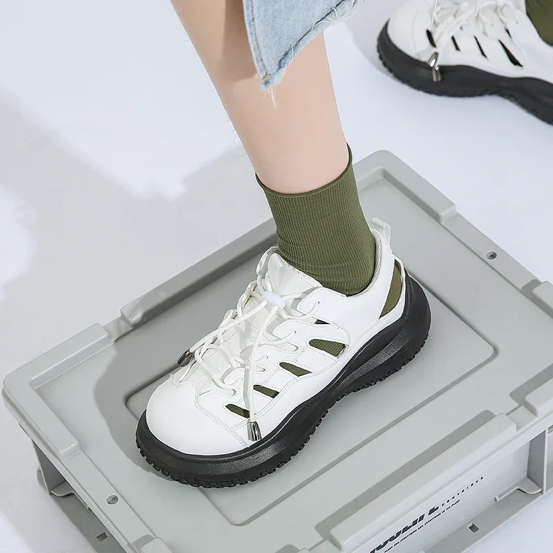 Zapatos de mujer 2025, sandalias con cordones para exteriores para mujer, sandalias informales versátiles con punta redonda, zapatillas de deporte con plataforma hueca para mujer