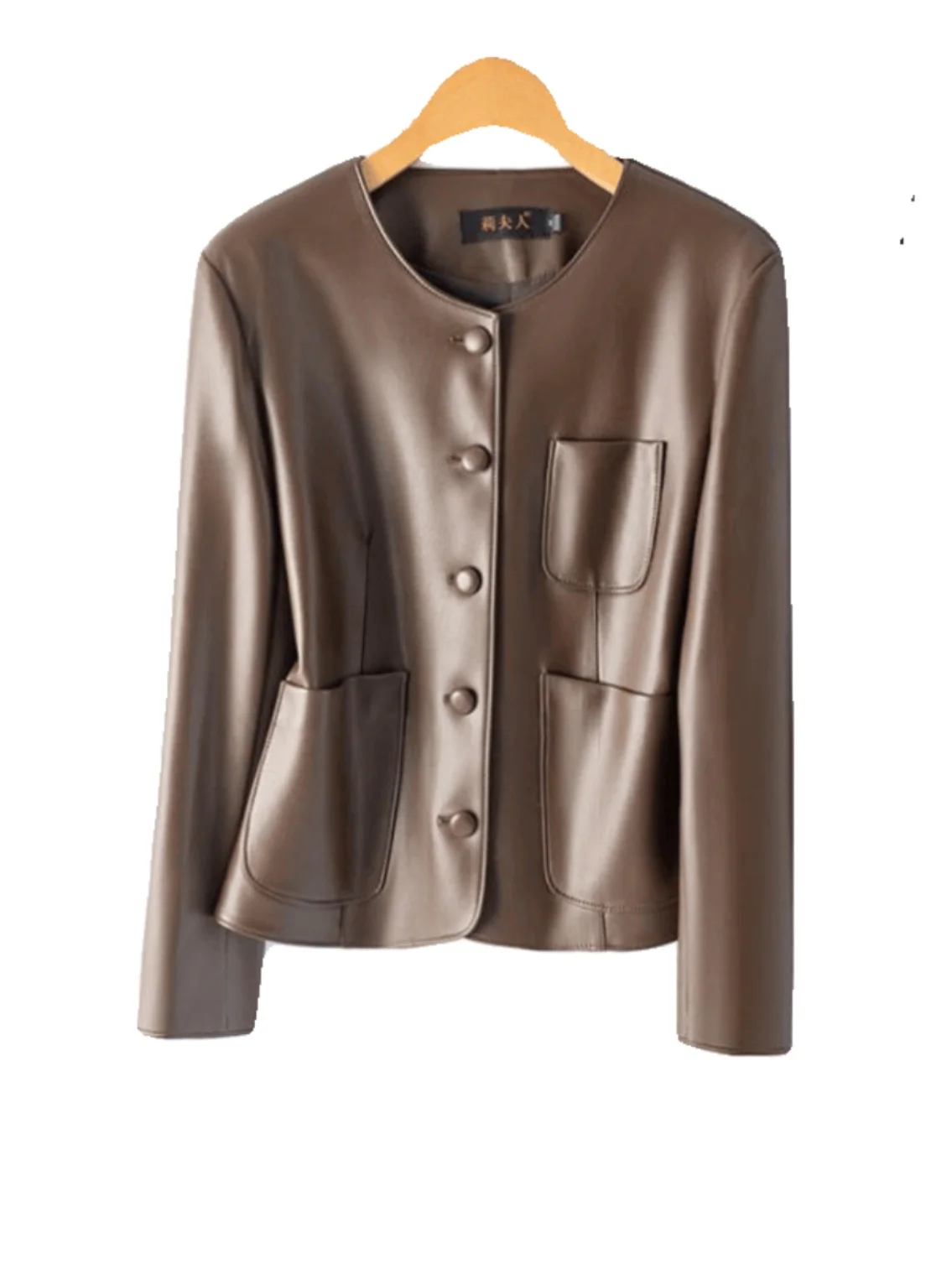 Real Leather Jaet Women ort Sle 2025 Spring New Vintage Countryside Loose Fit Slimming round Ne Leather Coat