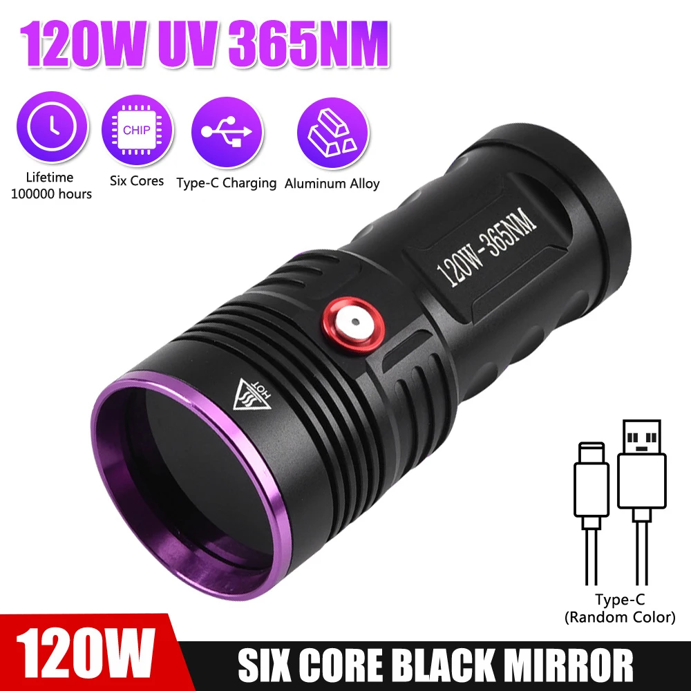 Linterna UV de 6 núcleos de 120W, lámpara UV de 365nm, espejo negro, linterna ultravioleta de 1 modo, Detector de escorpiones de insectos de cama, manchas de orina de mascotas