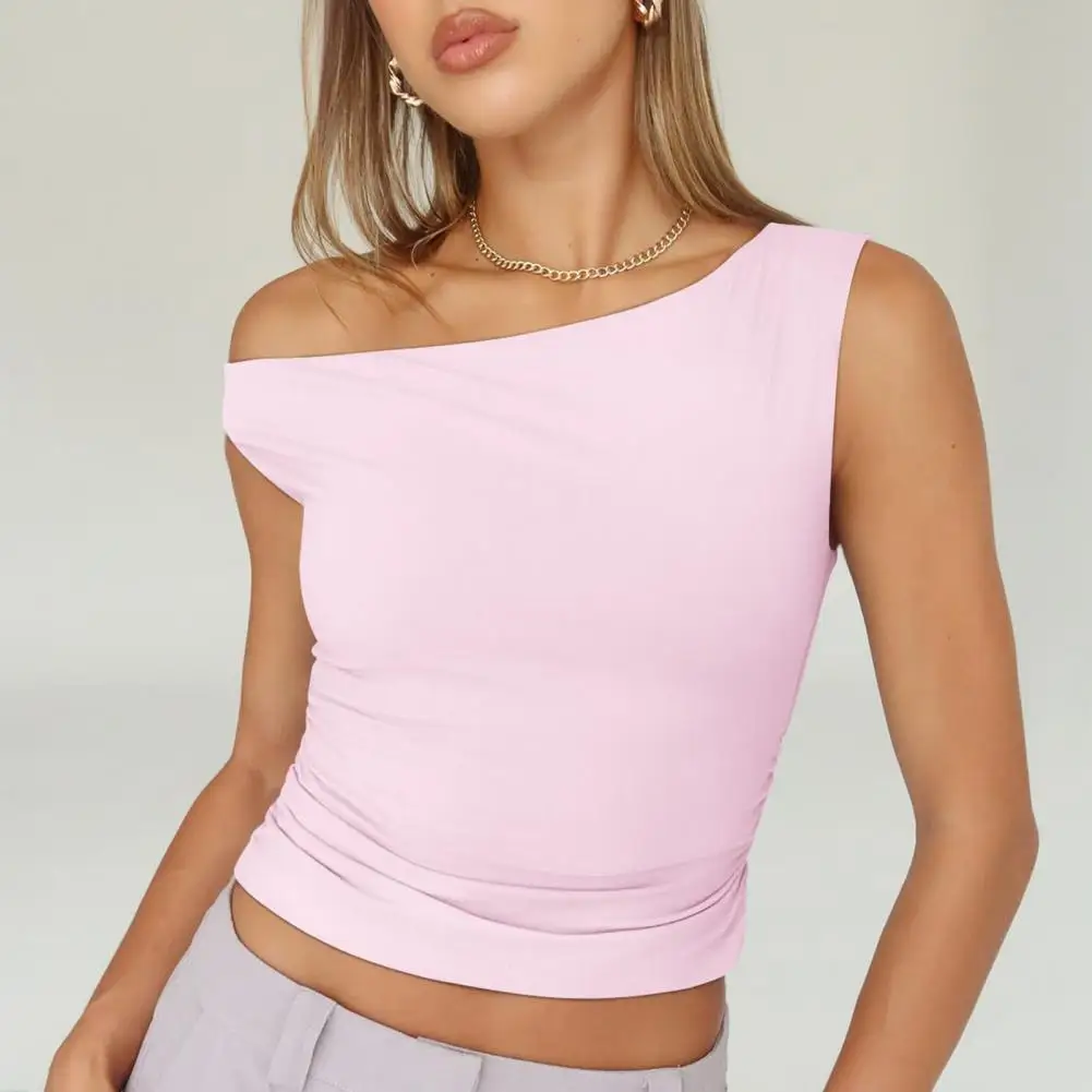 

Womens Off The Shoulder Tops Sleeveless Pullover Tops Solid Color Slim Fit Asymmetrical Neckline Camisole Woman clothing