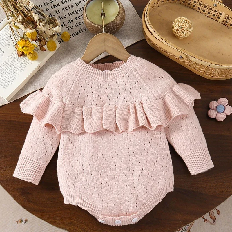 2025 New Autumn Korean Style Climbing Suit Long Sleeved Solid Color Splicing Newborn Baby Girl Bodysuit Children Knitted Clothes