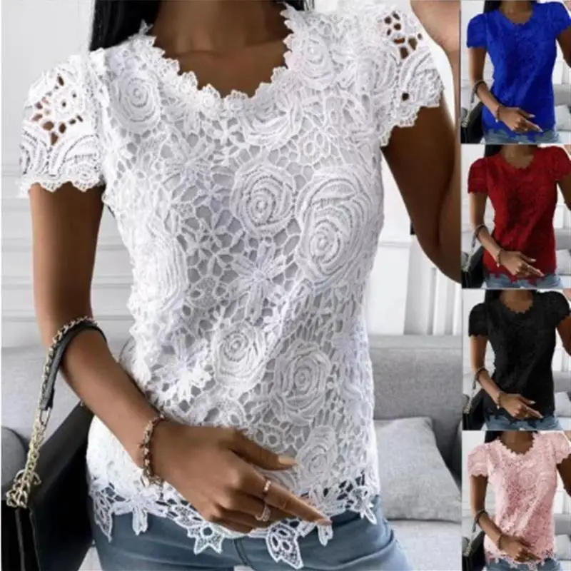Summer 2023 New Women's Lace irt ort Sve round Ne Independent Station Cross-Border New Sle Faionable Ladies' Blouse