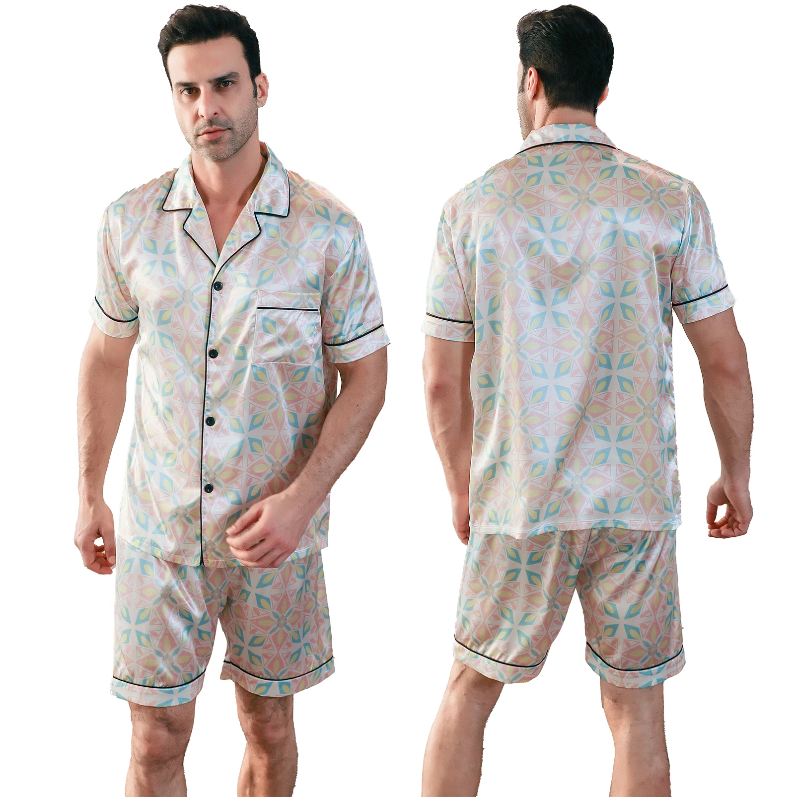 Pyjama à Manches Courtes en Soie Glacée pour Homme Vêtement d'Été Décontracté Cardigan Fin Peut Être Porté comme Ensemble