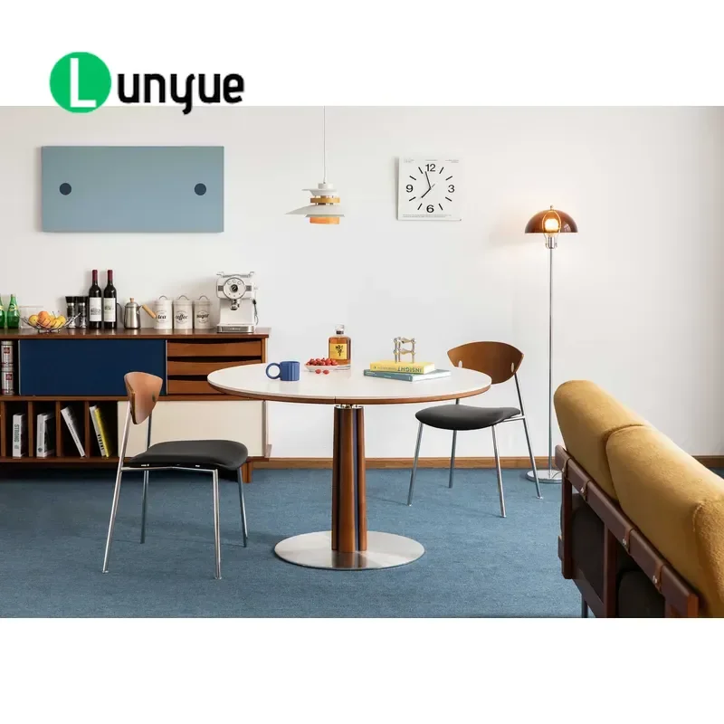 Nordic Modern Retractable Folding Dining Table Set 6 Solid Wood Base Rock Slab Square to Round White Convertible for Home