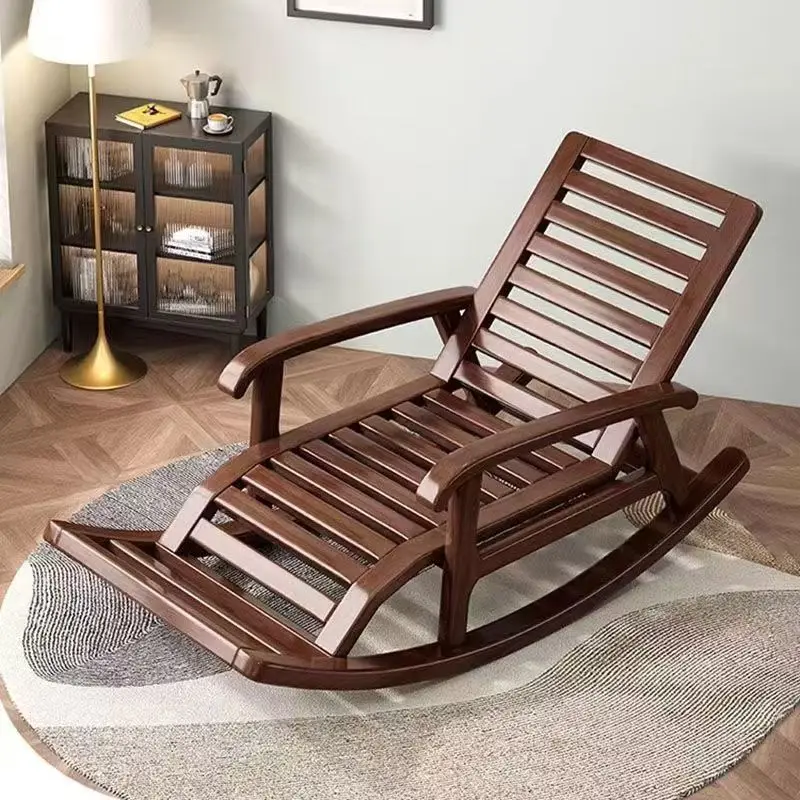 New Chinese style all solid wood walnut lazy bedroom rocking chair living room adult elderly lunch break sleeping recliner leisu