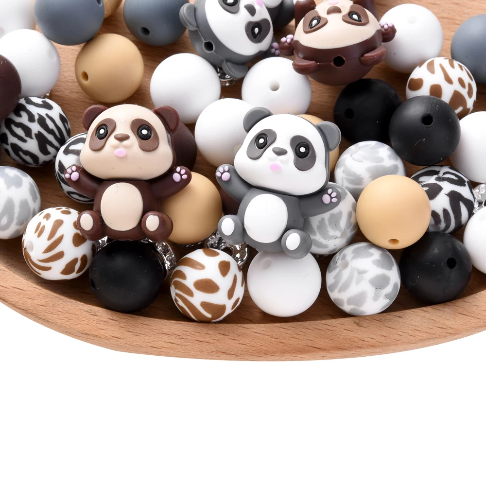 28Pcs Silicone Bead Set Panda Shaped&Round Beads for DIY Baby Pacifier Chain Clips Dummy Holder Accessories