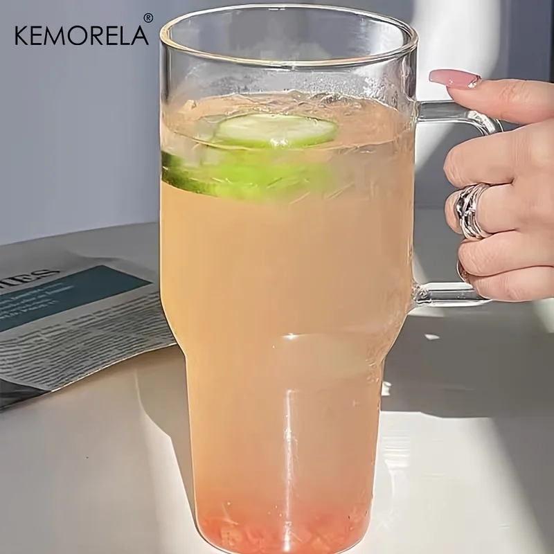KEMORELA 1/2PCS 40oz Large Glass Tumbler with Straws and Lids Glass Coffee Tumbler with Handle Clear Water Bottle for CarCamping