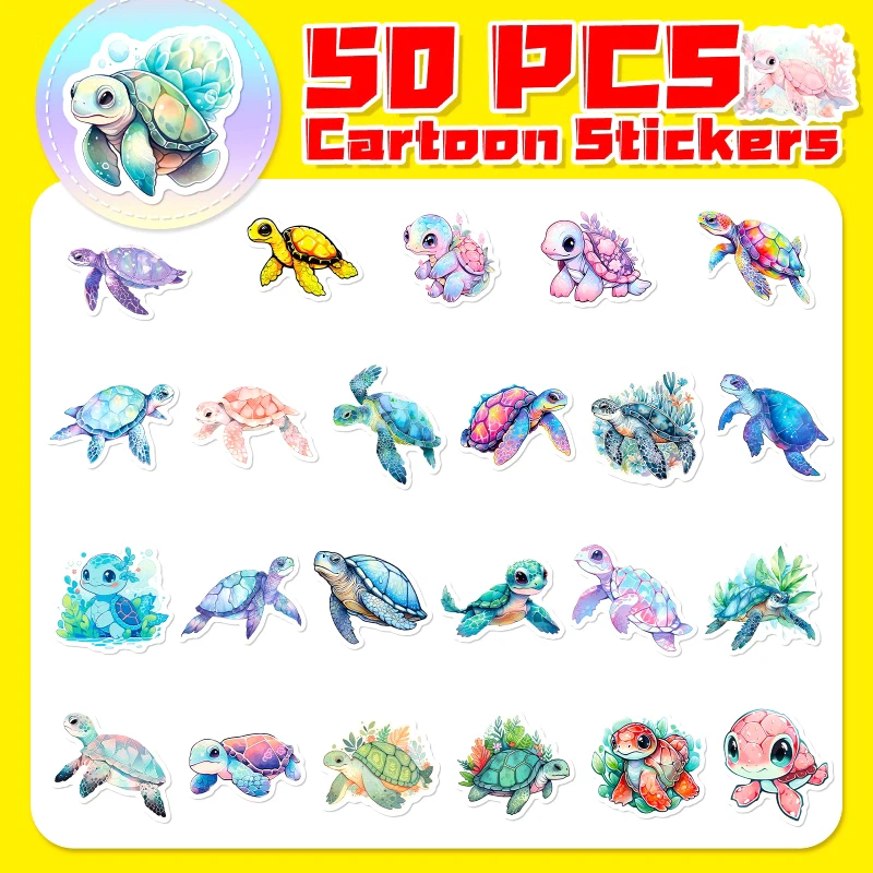 50 Uds. De pegatinas coloridas de dibujos animados de tortuga marina, pegatinas de Anime para ordenador portátil, teléfono, monopatín, motocicleta, coche, pegatina impermeable, juguete clásico