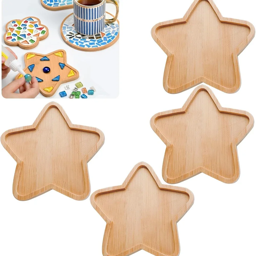2/4Pcs Star Bamboo Coasters Set Heat Resistant Drink Cup Mat with Groove Non-slip Table Protection for Home Coffee Bar Decor
