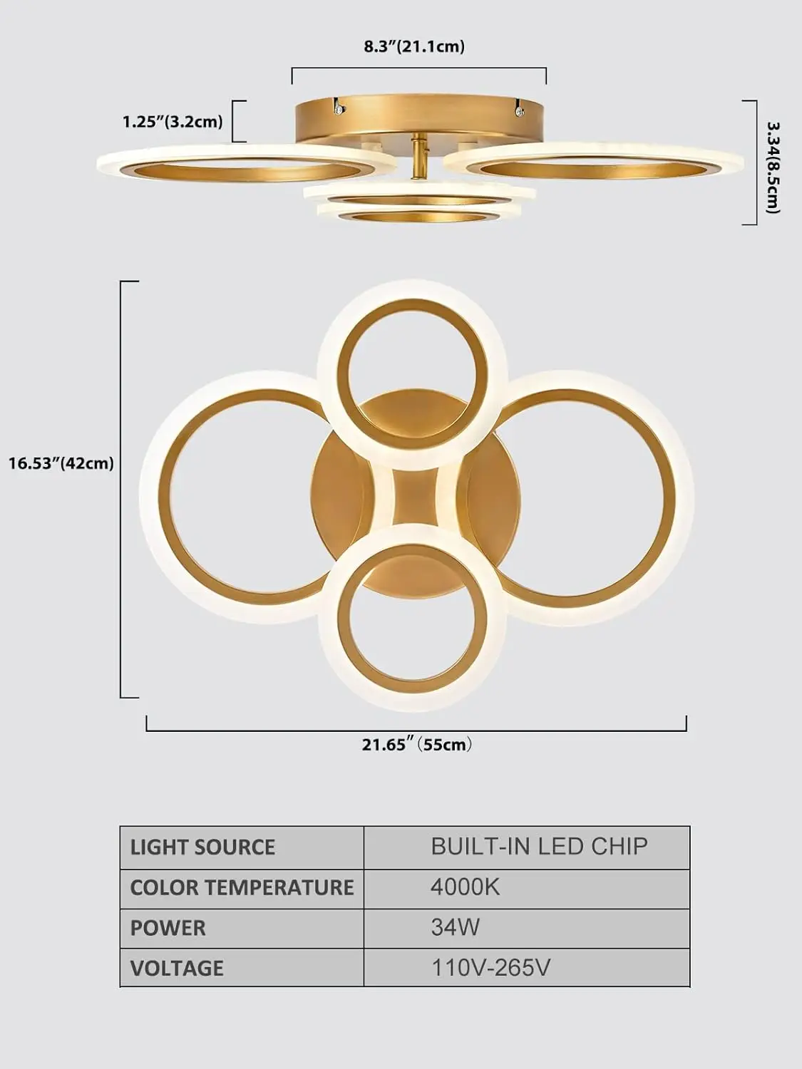 Vikaey-Modern LED Flush Mount Luz de teto, 4 anéis dourados, perto de luz de teto, luminária, lâmpada para cozinha