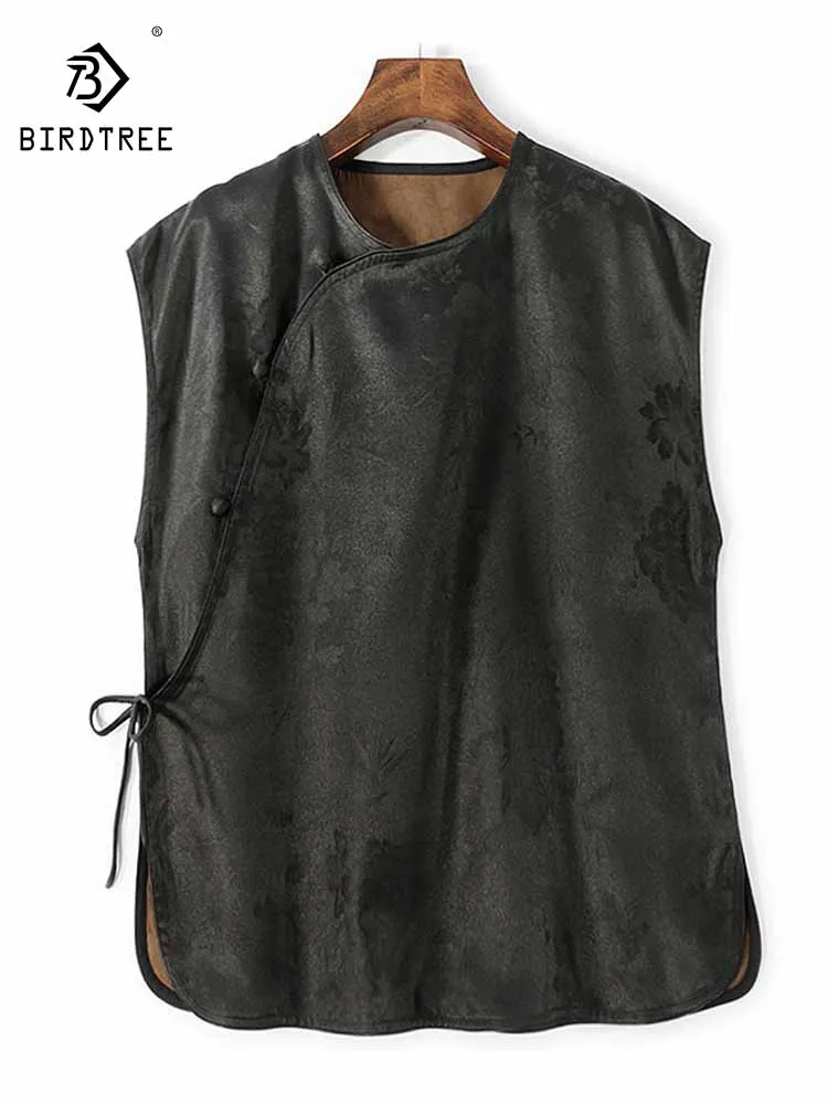 

BirdTree-35MM Silk Watered Gauze Elegant Vest, Women Stand Jacquard, Retro Temperament Loose Tank Top, 2025 Summer New T57630CC
