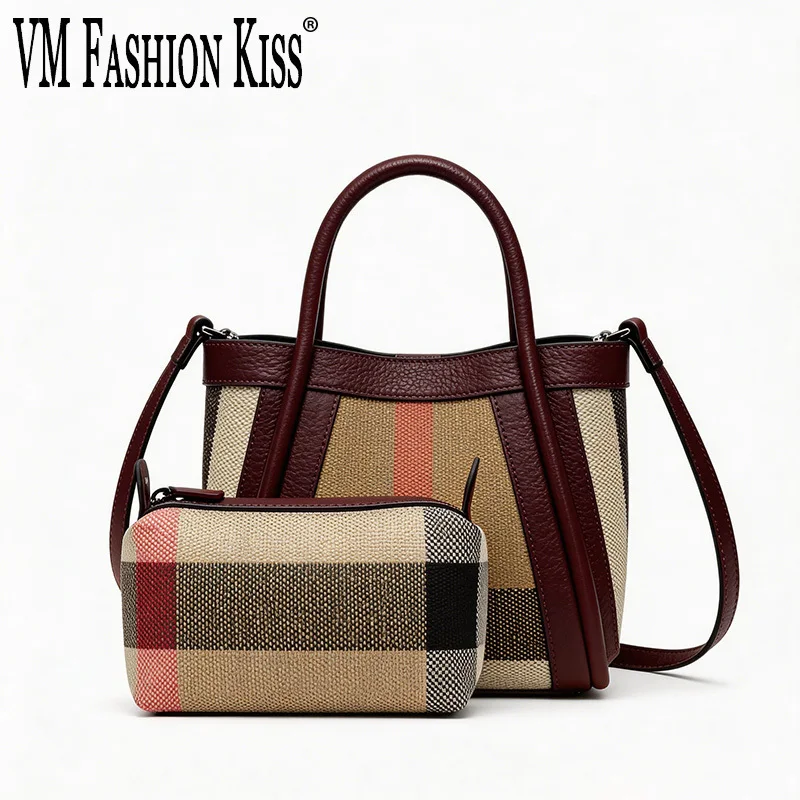 

Vintage Checkered Striped Canvas Tote Bag with Genuine Leather 2PCS Women Handbag Set Top Handle Satchel and Mini Crossbody Bag