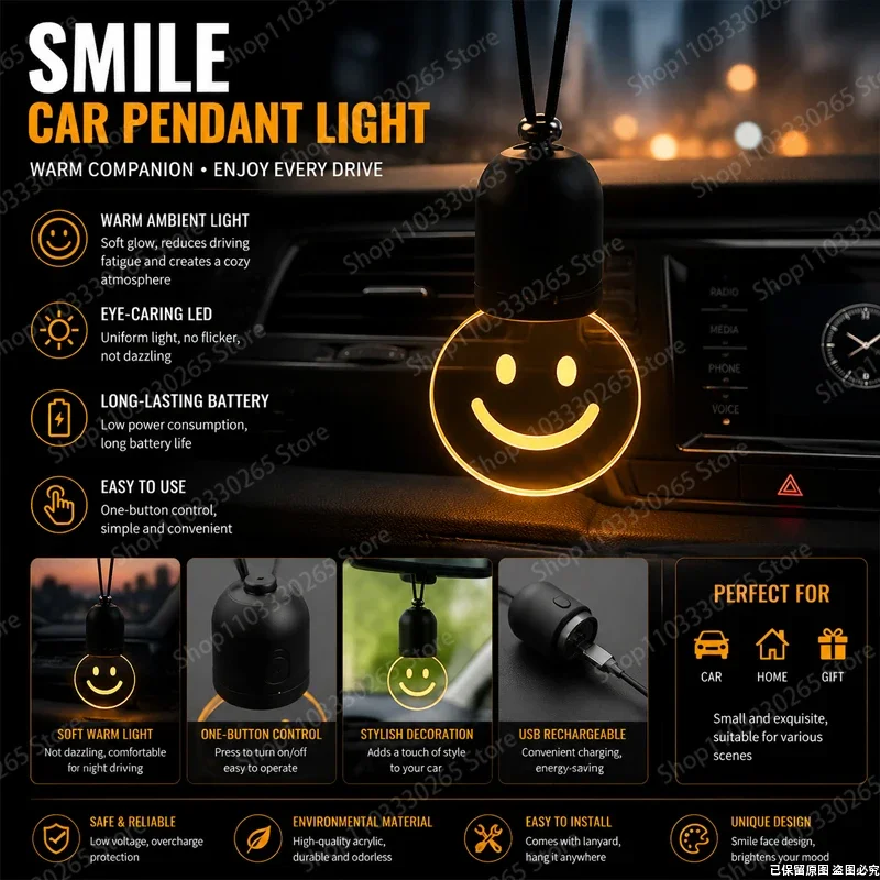Smile Face Car Pendant Light, Warm Ambient LED, Eye-Friendly Glow, USB Rechargeable, Cute Interior Decoration
