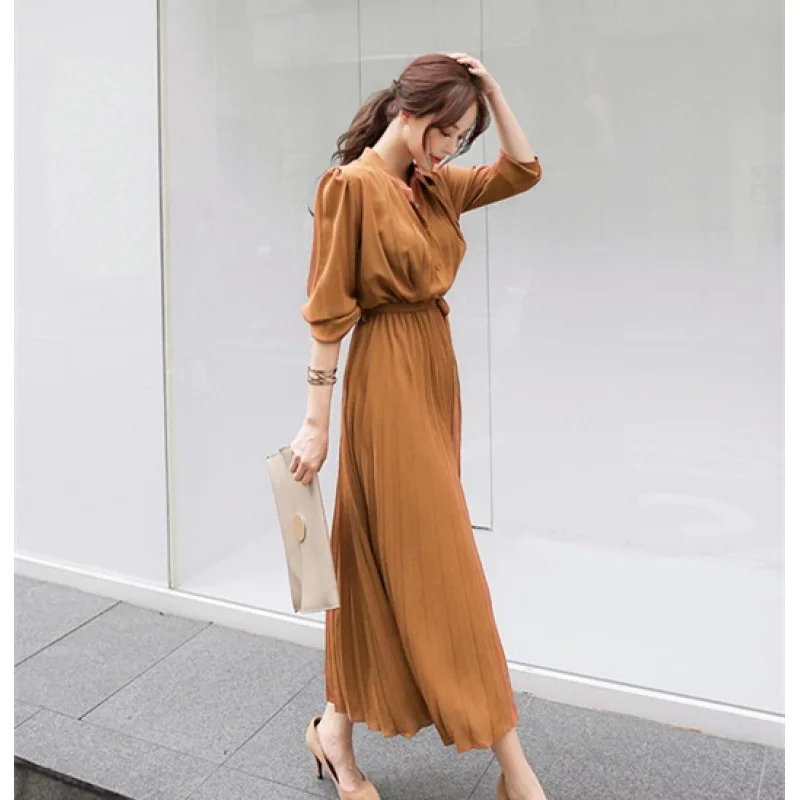 

Cross-border Amazon Chiffon Long-sleeved Pleated Dress Spring Dress New Slim-fitting Waist Thin Han Fan Socialite Temperament
