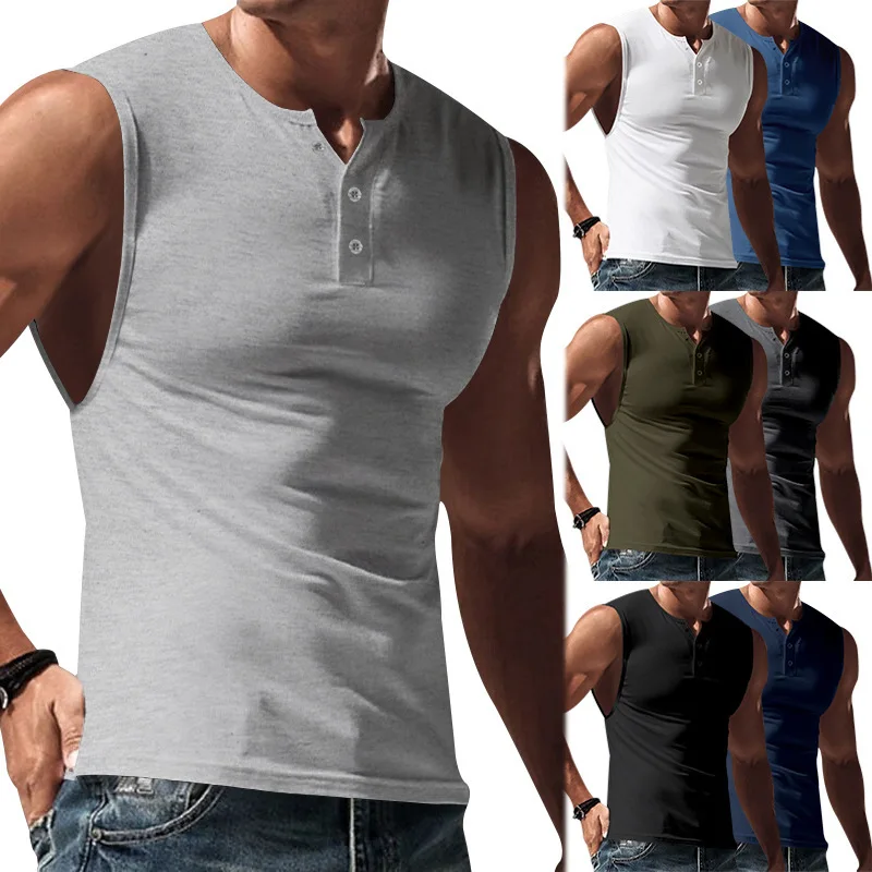 2024 Men's Light Plate Solid Summer Sports Tank Top Wide Shoulder Men's Henry Shirt Slim Fit Sleeveless T-shirt Men's